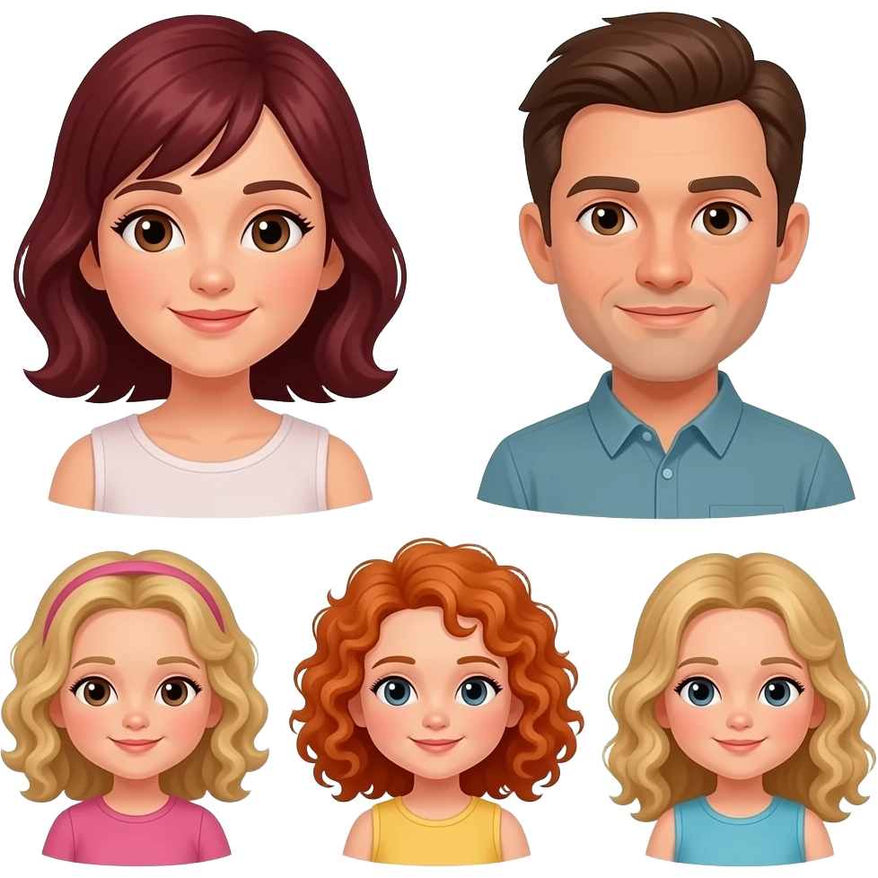 White Mom dark red-brown hair and brown eyes , brown hair Dad,  blonde curly hair 8 year old girl with brown eyes, a Red curly hair 12 year old Girl, and blonde curly hair 5 year 5 old girl emoji