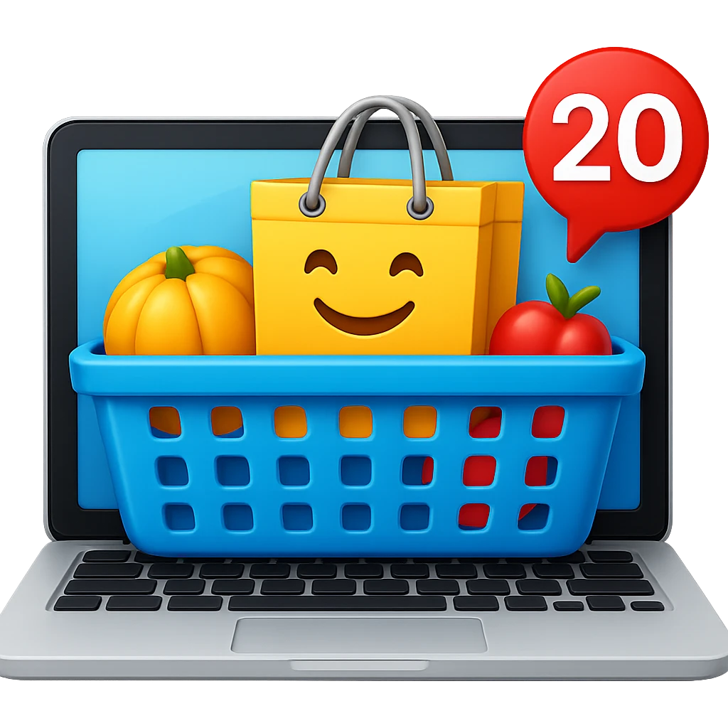 Create a high fidelity emoji style variant with smooth edges featuring a laptop instead of a desktop, keeping the shopping basket and emoji shopping bag as in the reference image. emoji