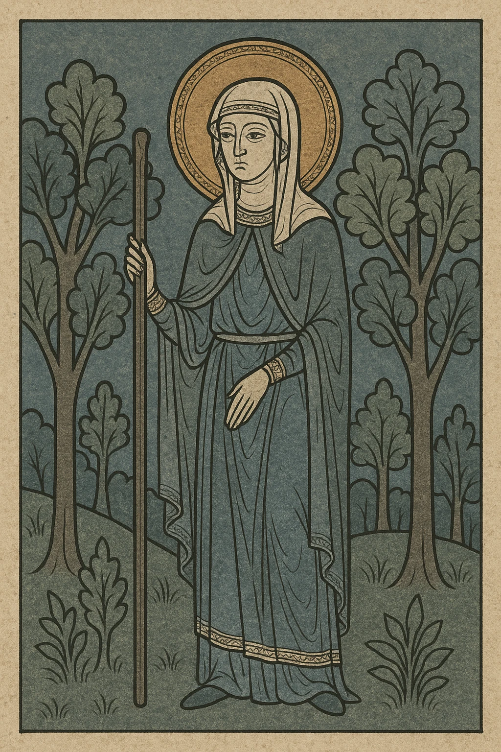 medieval wise woman, holding a staff, forest background, historical style emoji