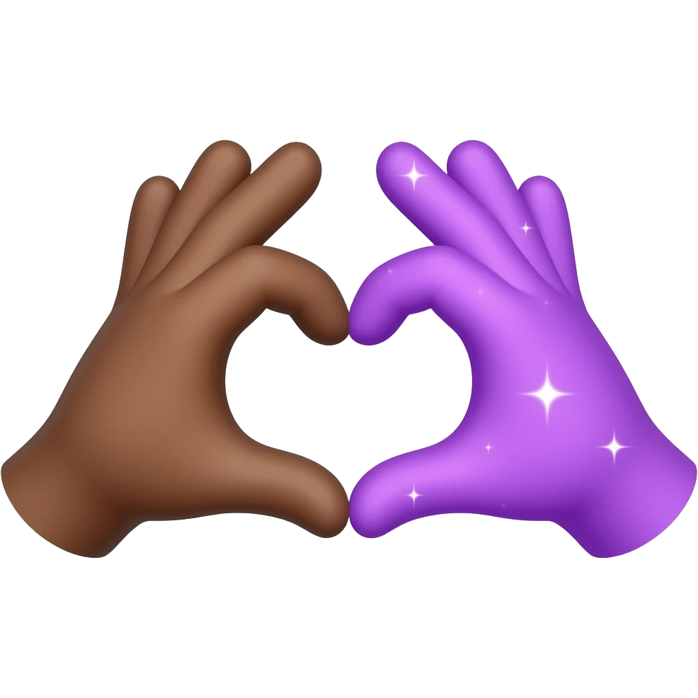 Two iOS-style emoji hands forming a heart, one  brown hand and the other made of glowing purple light with small sparkles, neutral background, smooth and glossy rende emoji