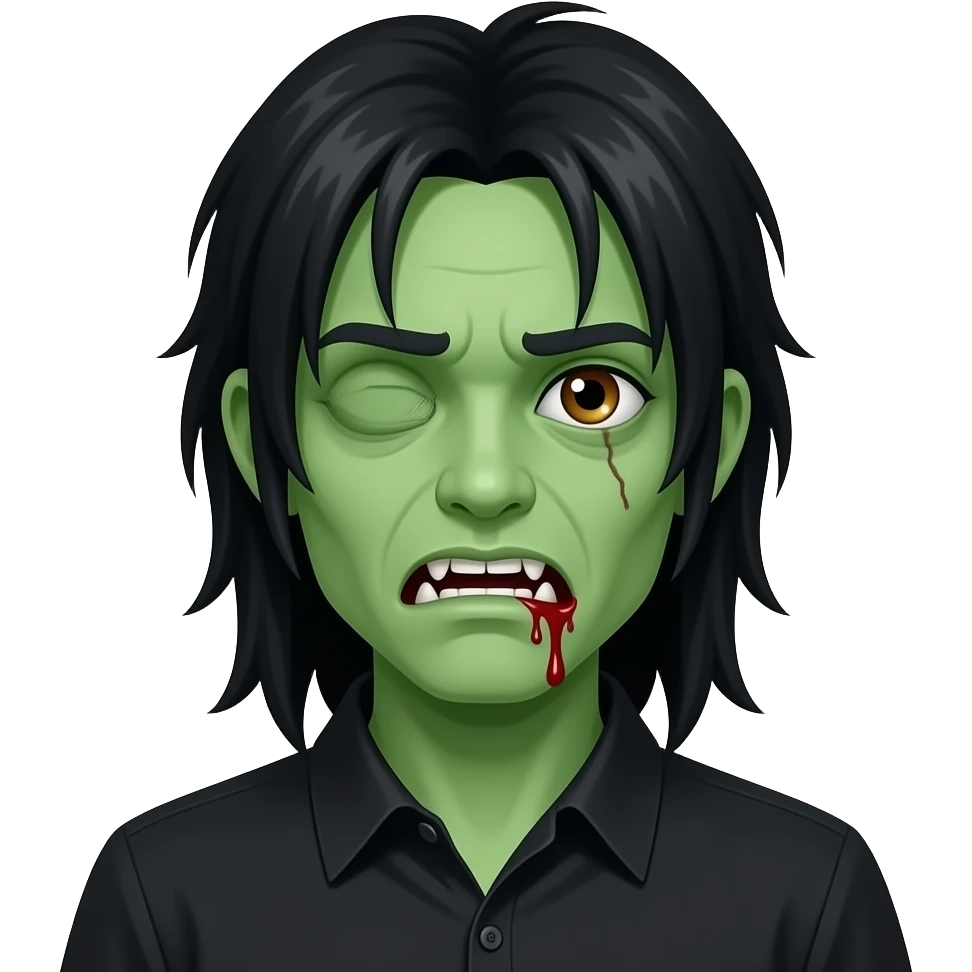 Zombie green skin dead, Black long Hair hanging over one eye, white teeth with blood leaking out, minor scar under eye, drowsy eyes, hazel color eyes, black collared shirt, emoji
