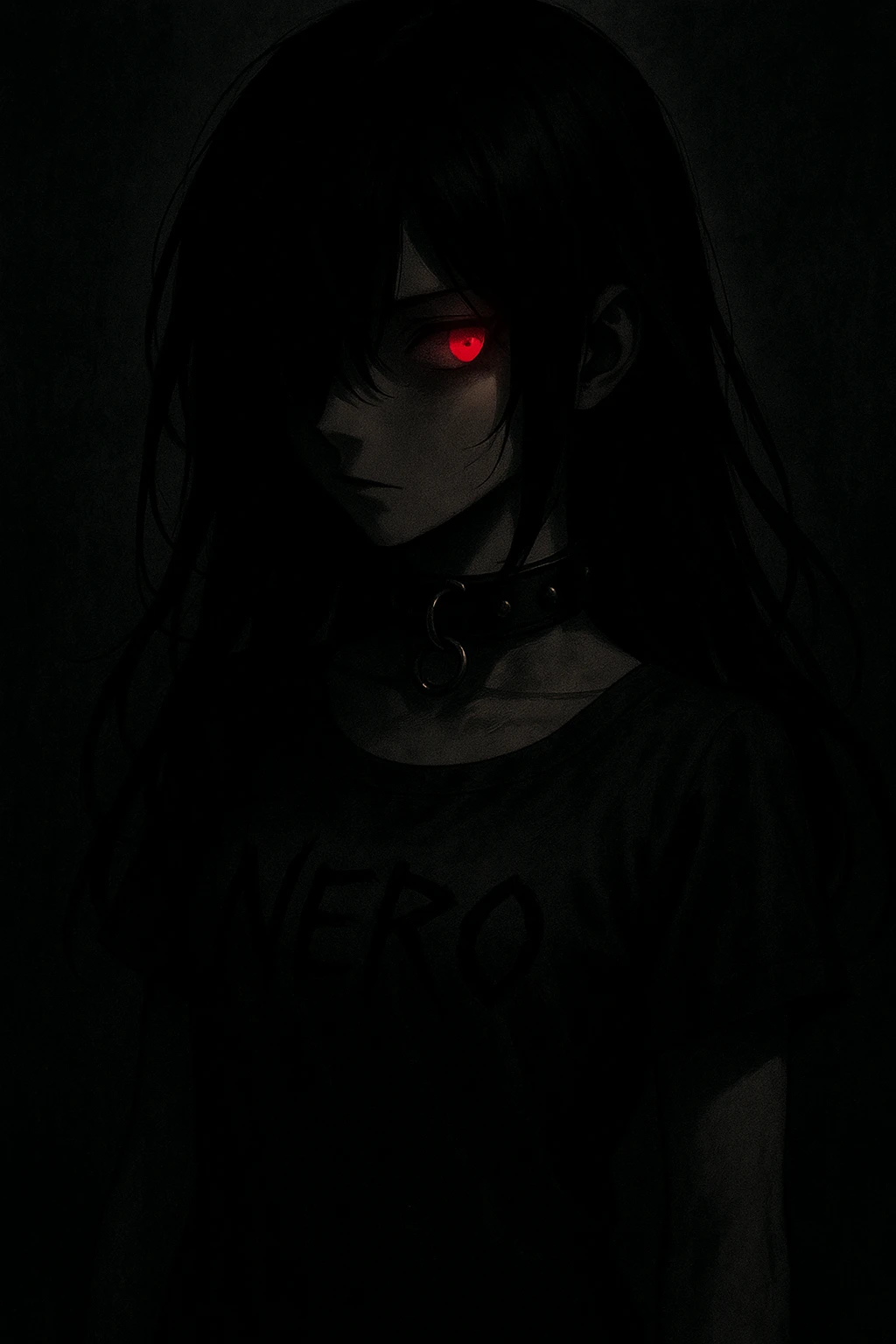 A mysterious anime girl in deep shadows, jet-black hair partially covering her face, turning to her right. Her left eye glows crimson, exuding danger and allure. She wears a dark leather choker with metal rings, and 'NERO' is written in sharp black letters on her dress. emoji