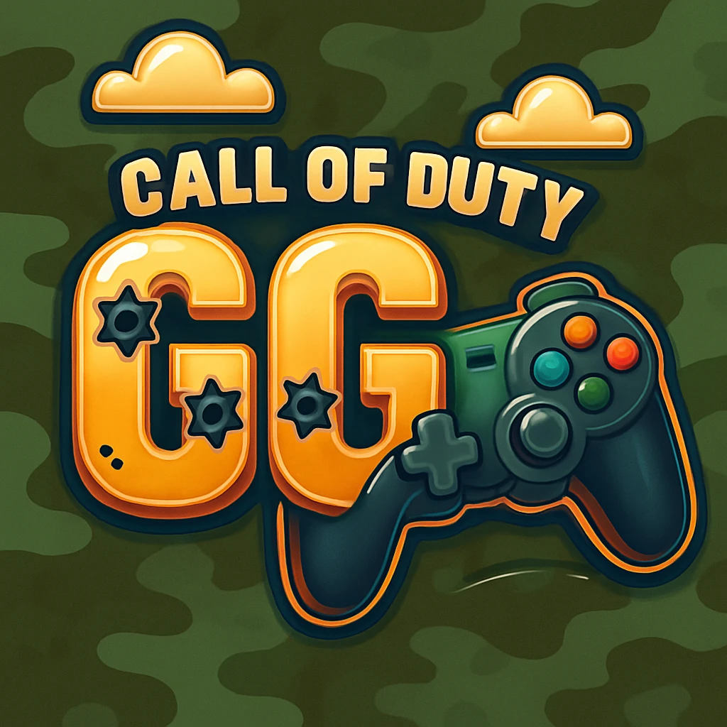Add a video game controller to the Call of Duty GG emote, maintaining the metallic text, bullet holes, and camo background. emoji
