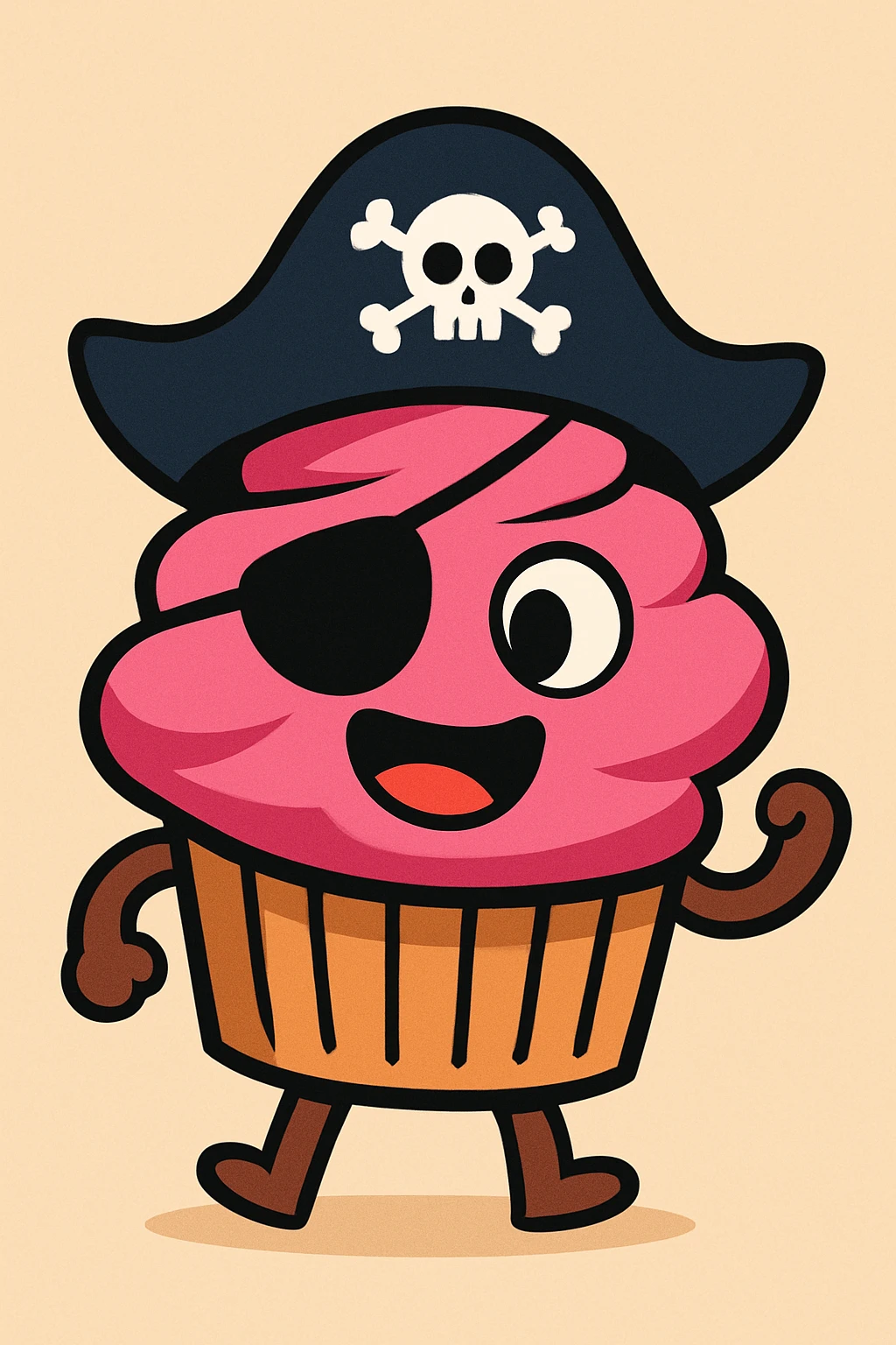 a playful cartoon style cupcake with a pirate hat and eye patch emoji