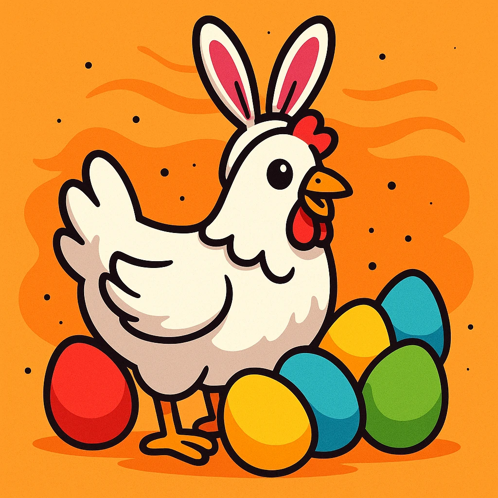 a white hen wearing pink bunny ears, surrounded by colourful eggs, cartoon style emoji