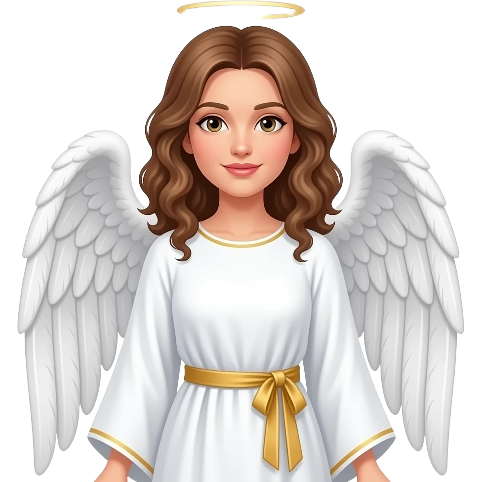 Female white angel with shoulder length curly brown hair wearing a long white tunic with a gold sash on it emoji