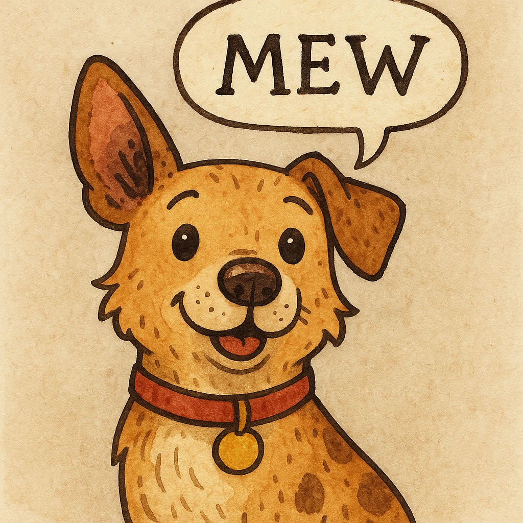 a dog with a speech bubble saying 'mew', whimsical style emoji