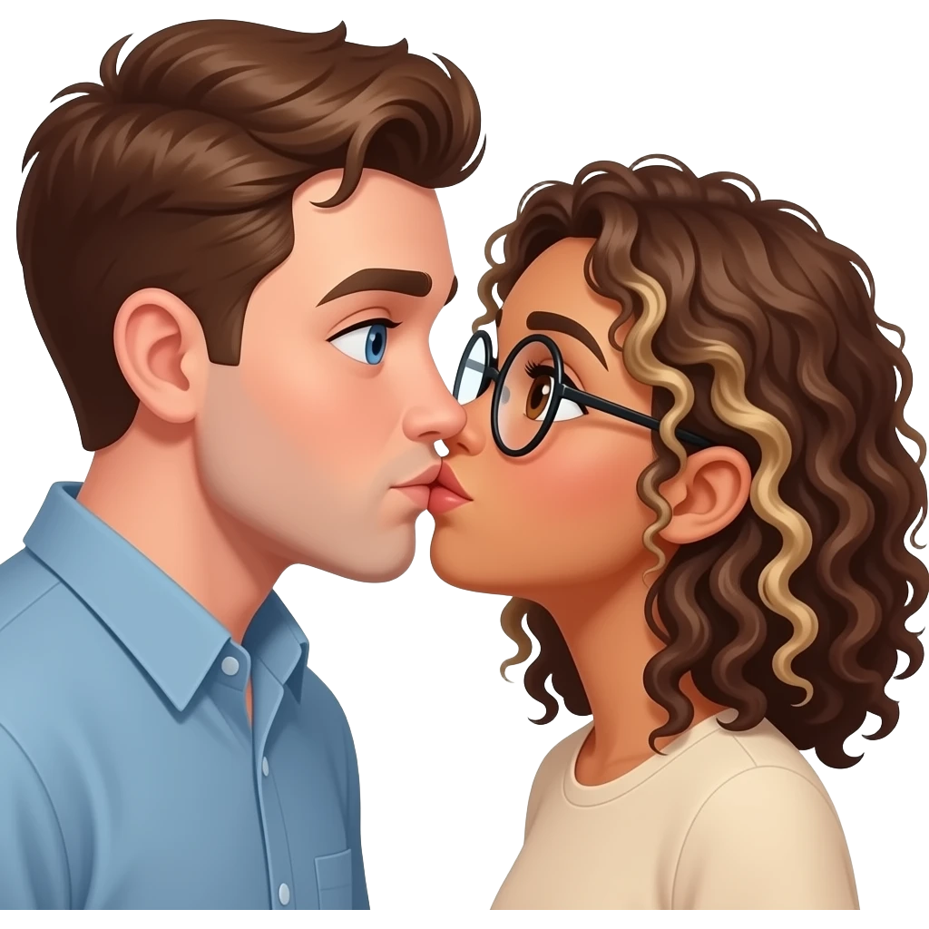 Homme blanc cheveux châtain avec yeux bleu et fille métisse cheveux bouclés marrons et blonds avec des yeux marrons et des lunettes rondes qui s’embrassent avec amour et passion emoji