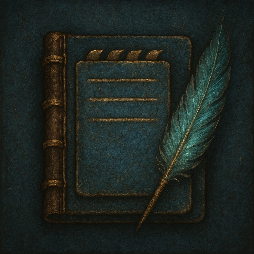 Windows 11 Notepad icon in Elden Ring note style, blue aged and cracked parchment, with a leather binding and mystical feather, no text, just the notepad look, option 6 emoji