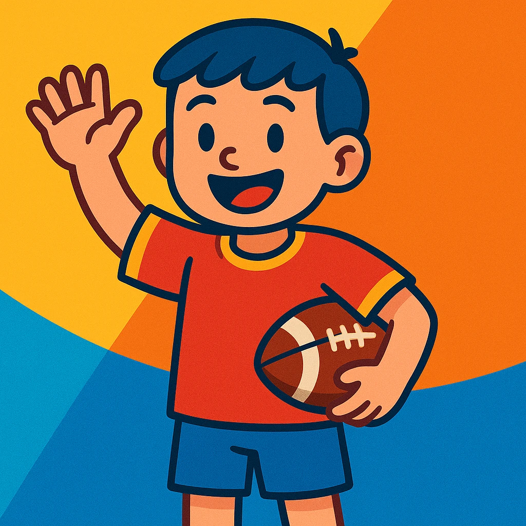 a boy waving and holding a football, inviting a friend, vibrant toon style emoji