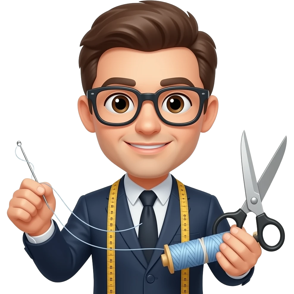 Elinde iğne ipliği mezurası ve makası olan, gözlüklü bir Terzi emojisi apple emoji düzeninde yap emoji