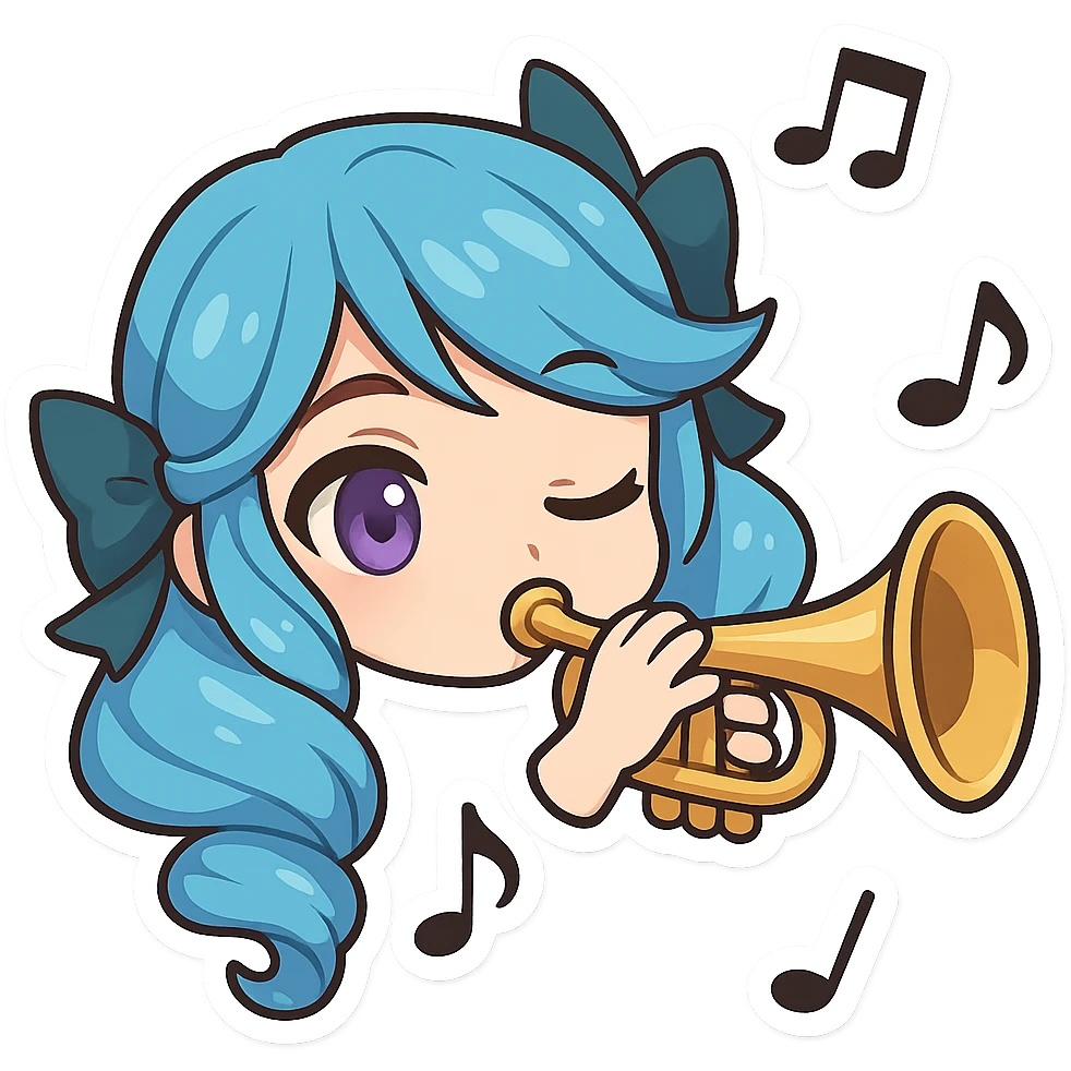 chibi style emote of Gwen from League of Legends, just the head, right eye purple, playing a trumpet, musical notes around emoji