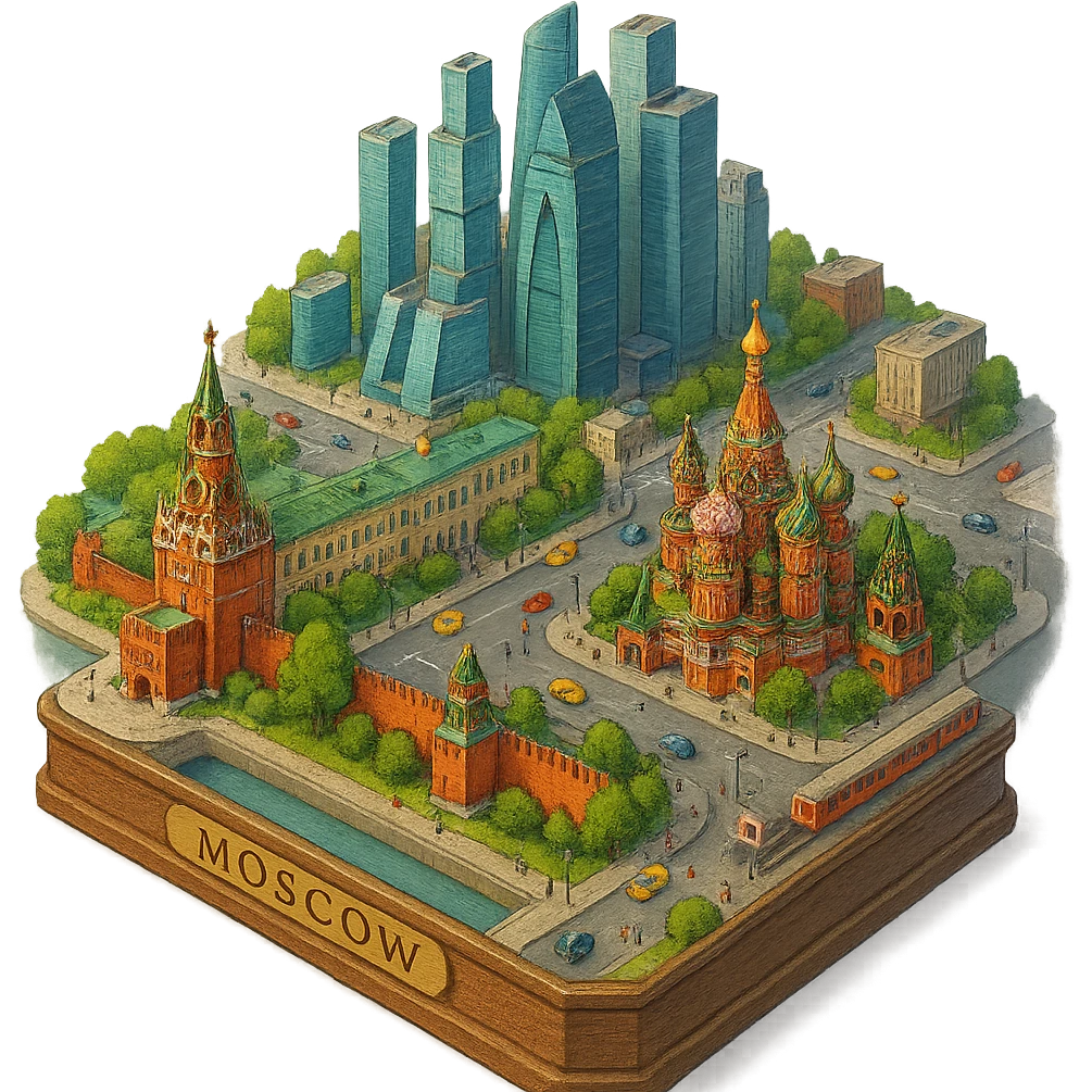 Изометричная миниатюрная 3D модель Москвы на подставке - фотореалистичный Кремль, собор Василия Блаженного, фотореалистичный Башни Москва-Сити, аккуратная детализация, яркие цвета, мультяшный реализм, гуляют люди и современный автотранспорт и метро, компактная композиция, вид сверху в изометрии, прозрачный фон emoji