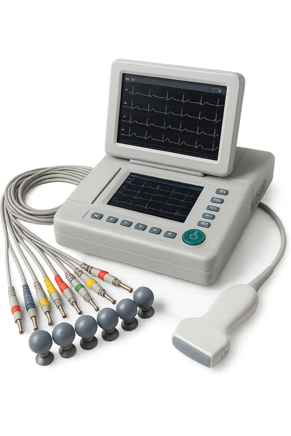 STRUMENTI MEDICI PER FARE ECG e ecocardio, iperrealistico 4k, isolato su sfondo bianco emoji