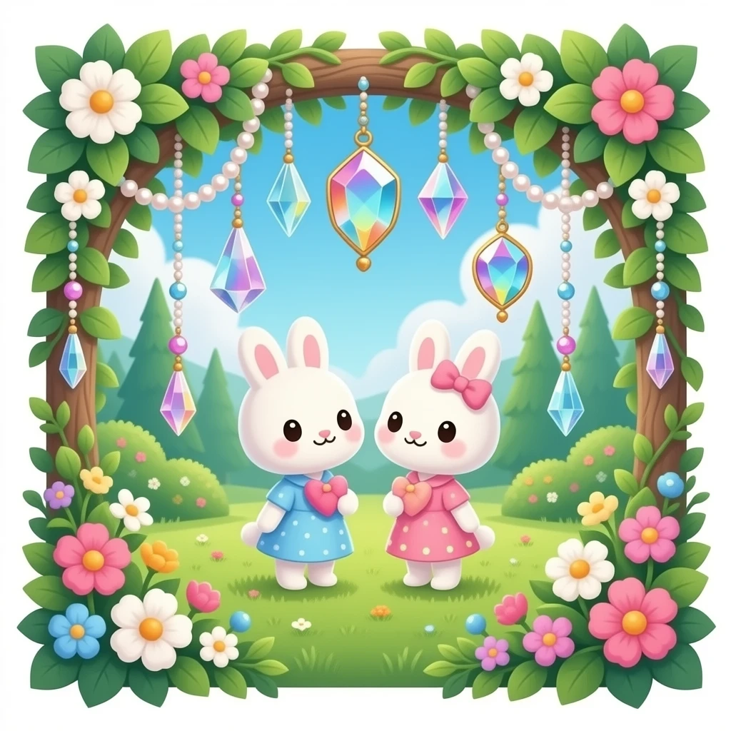 Exotic romantic Few cute tiny Iridescent glistening glossy sparkly shiny glittery hanging crystals pearls and beads and gemstones scenery scenic decorations with ivy and flowers emoji