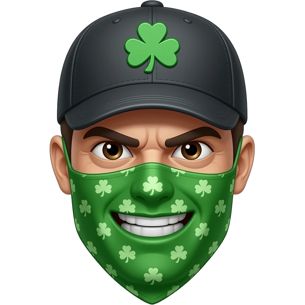 scary face of a hooligan wearing a cap with ☘️ on it and a green bandana but he looks like a hooligan emoji