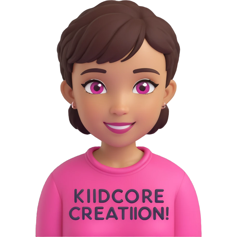 Lightskin girl with a pixie cut
pink blouse
hazel eyes
expression is smiling
Add the word Kidcore Creationz in Pink emoji