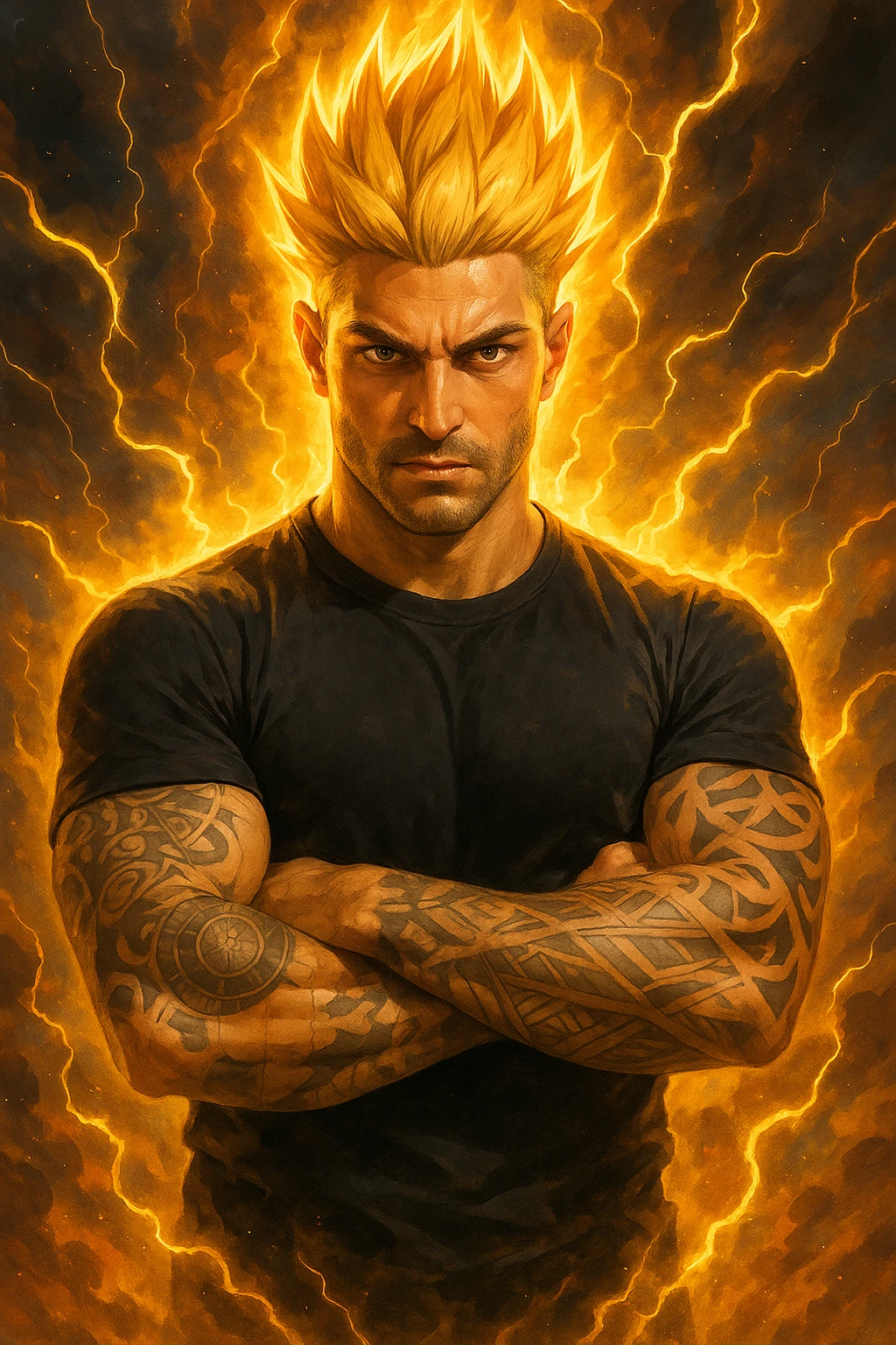 a muscular man with spiky hair stands in a powerful pose, surrounded by a glowing, fiery aura reminiscent of Goku’s Super Saiyan transformation. His eyes are intense and determined, and his body radiates energy and confidence. Lightning bolts and energy waves crackle around him, symbolizing a surge of testosterone and vitality. The background is dramatic, with swirling clouds and vibrant colors. emoji