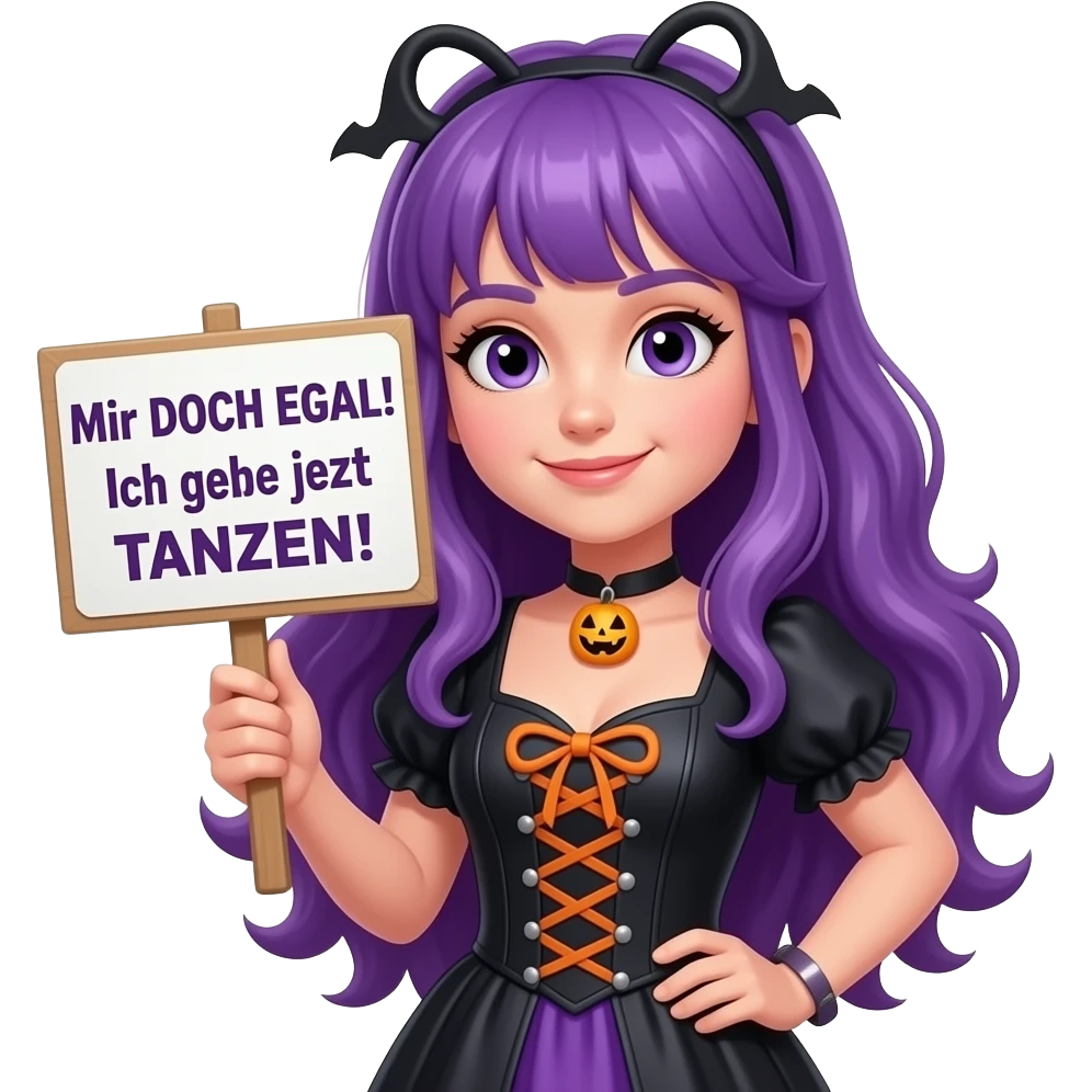 girl with long purple hair wearing a halloween costume holding a Mir DOCH EGAL! Ich gehe jetzt TANZEN! sign emoji