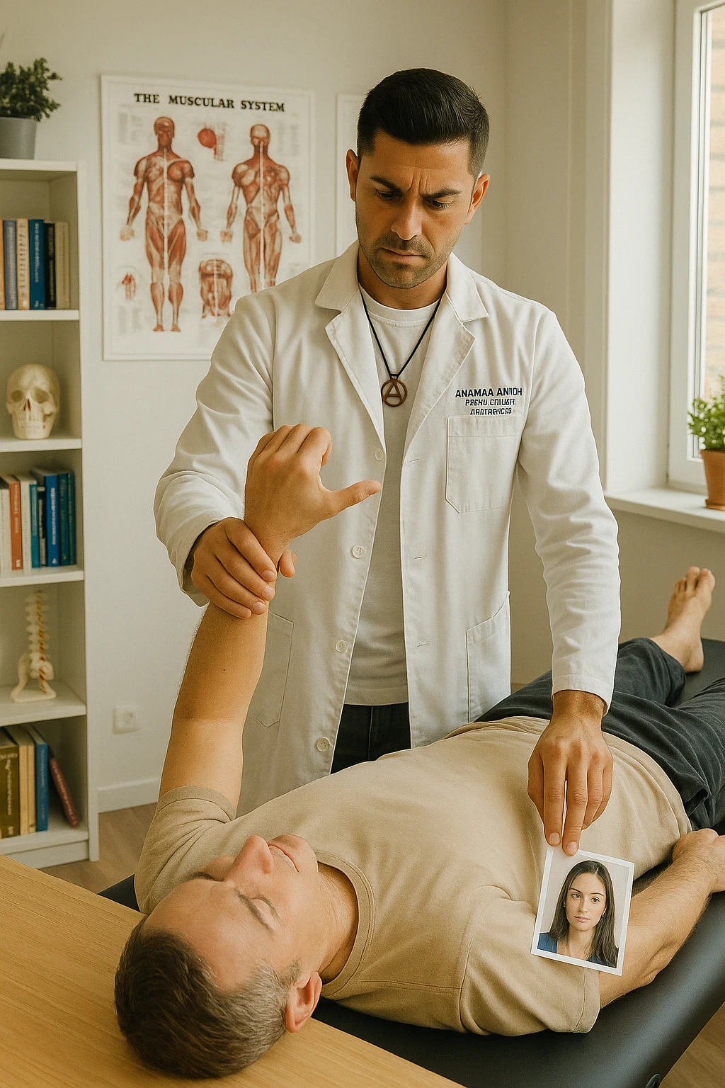 a middle-aged man, dressed in casual professional attire, is in a bright, organized therapy studio. Durante una visita di kinesiologia, il praticante tiene con una mano la foto di una persona lontana (il “testimone”) appoggiata su un tavolo, mentre con l’altra mano esegue un test muscolare su un cliente presente. Sullo sfondo si vedono libri di kinesiologia, poster anatomici e strumenti tipici della disciplina. L’atmosfera è concentrata e serena, con luce naturale che entra dalla finestra, sottolineando l’aspetto alternativo e umano della pratica. emoji