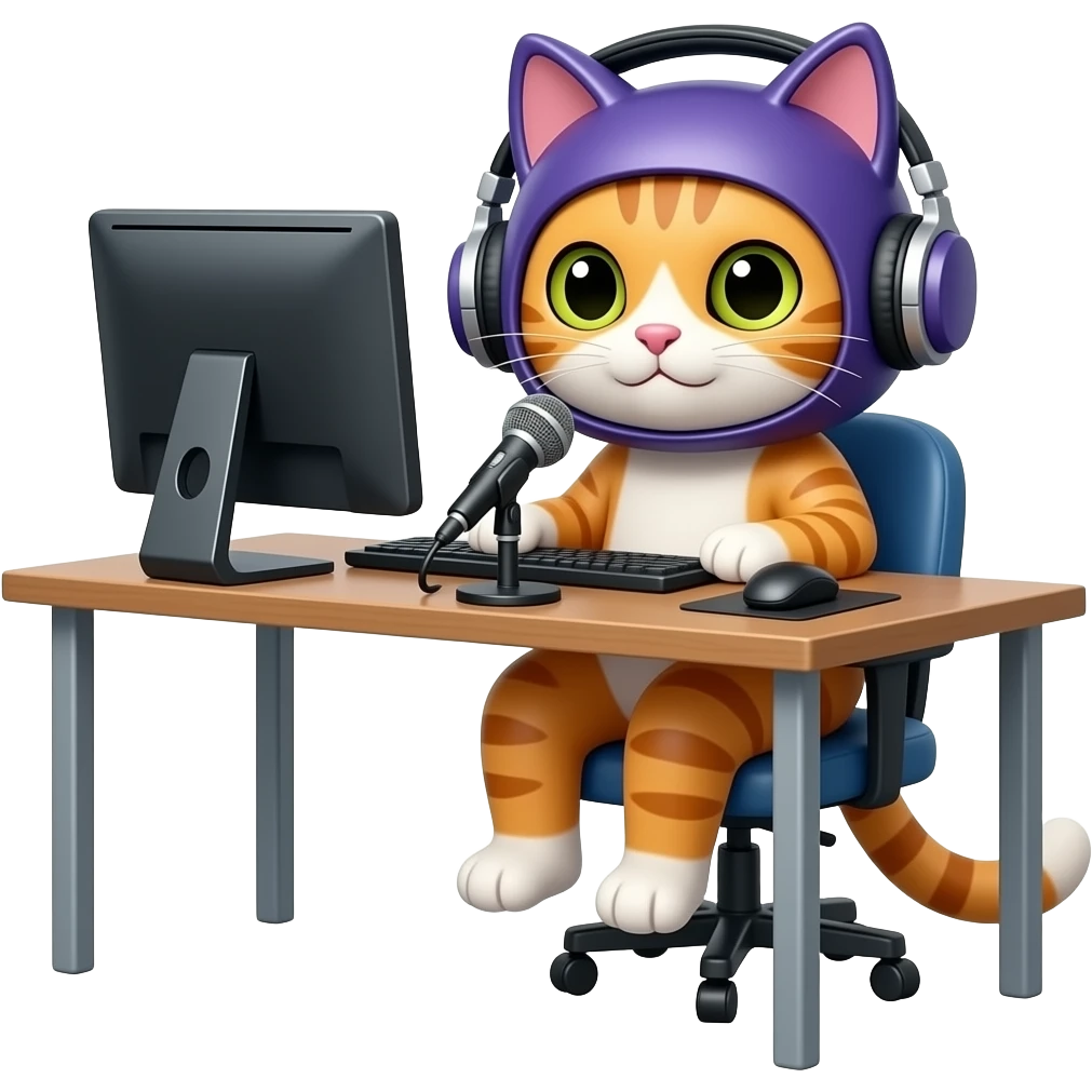 Napster kittyhead logo as the head on a cat podcaster sitting at desk with computer, microphone and headphones emoji