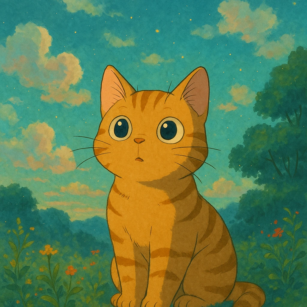 a curious cat with big eyes and a dreamy background in Ghibli style emoji