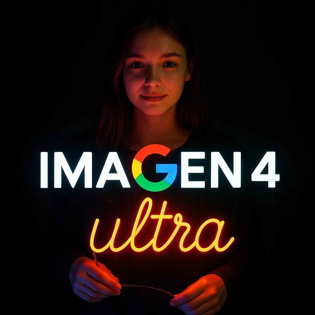 make a girl holding this sign, but sign in made of neon, also add ultra below the sign emoji