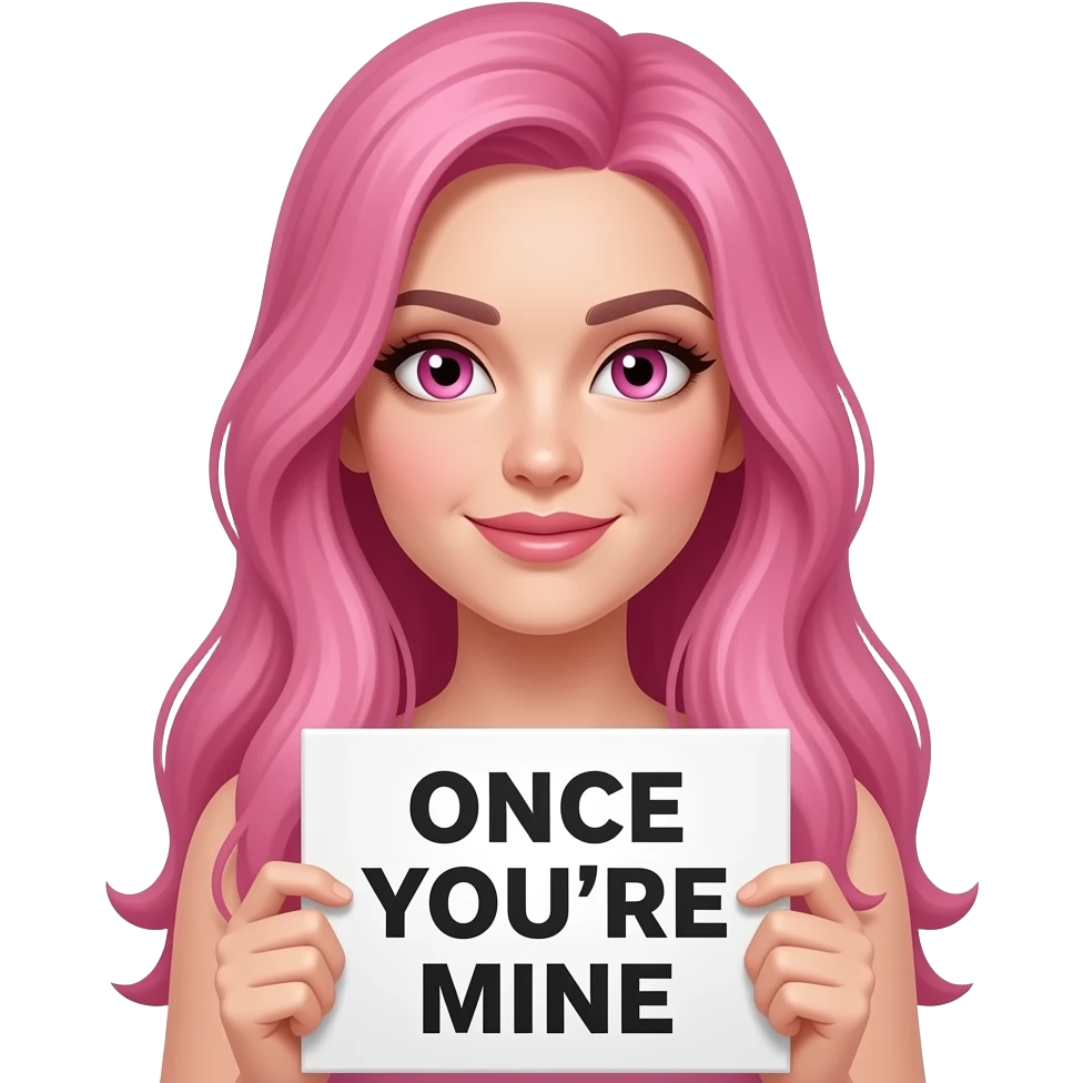 sexy girl with long pink hair and pink eyes holding a ONCE YOU'RE MINE sign emoji