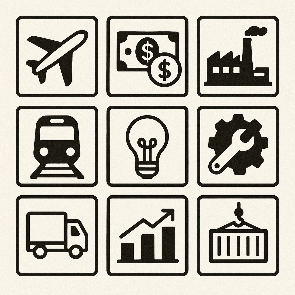 large resolution square minimal icons, space semiotic, black print on white background, square outline icons, sleek symbols, transportation, economy, engineering, industry. Designed for signage.  emoji