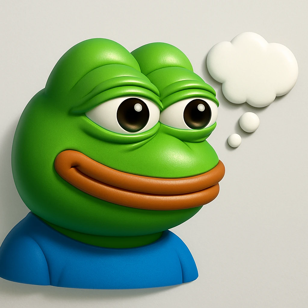 make a pepe in bright green smiling with thought bubble looking at right side in 3d style, good highlights and shadows, drop shadows emoji