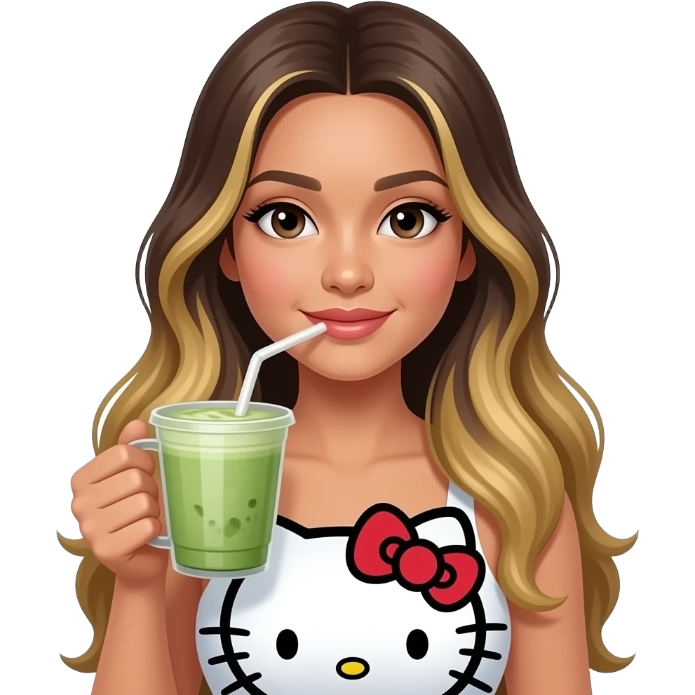 Filipina with long hair blonde highlights Hello kitty drinking latte matcha emoji