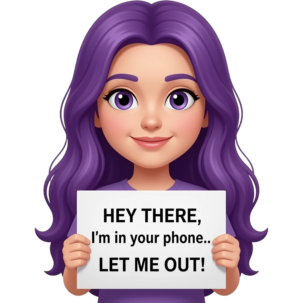 girl with long purple hair with a HEY THERE, I'm in your phone... LET ME OUT! sign emoji