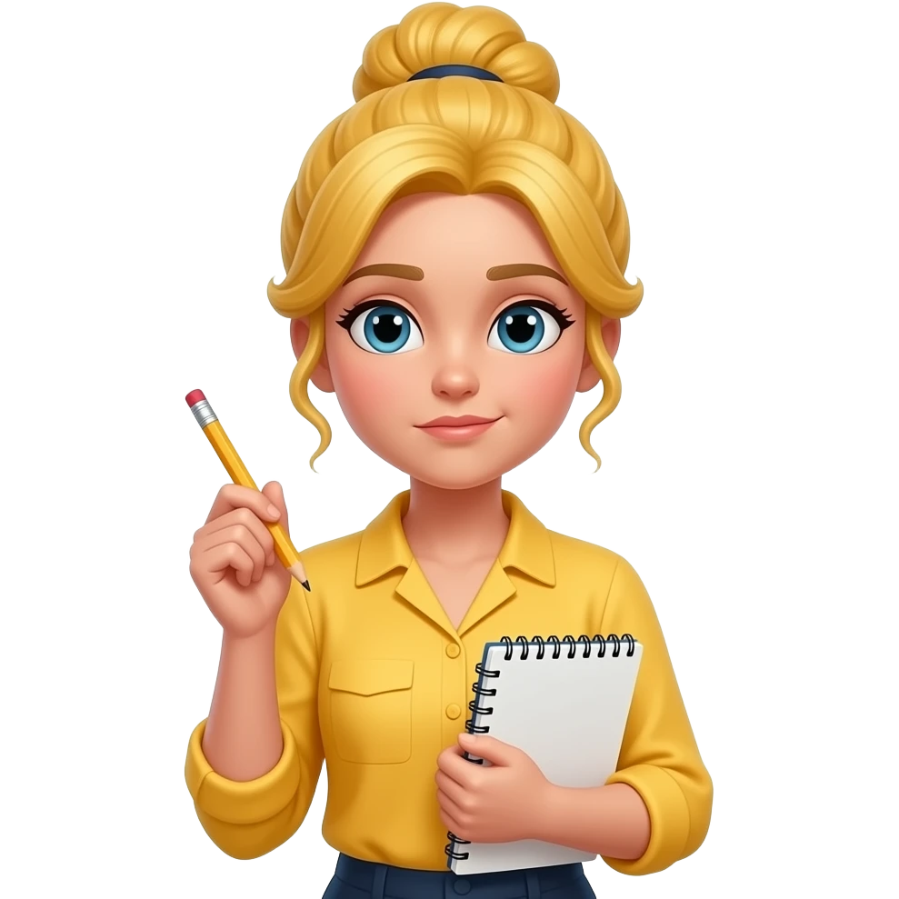 pensativa mujer  cabello amarillo recogido y blusa amarilla con lapiz y cuaderno en mano emoji