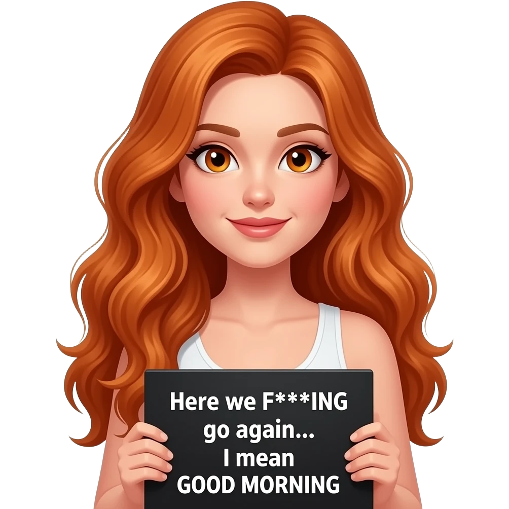 sexy girl with long wavy ginger hair and ginger eyes wearing a white tanktop is holding a black colored sign with Here we F***ING go again... I mean GOOD MORNING written on it emoji