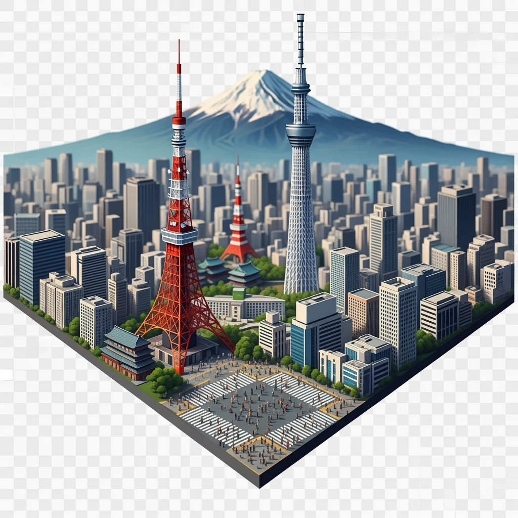 Isometric illustration of Tokyo, with photorealistic detailed miniature cityscape included Tokyo Tower, Skytree, Shibuya Crossing, Mount Fuji in background, balanced colors, subtle 3D miniature effect and Tilt Shift effect, no cartoonish look, transparent background. emoji