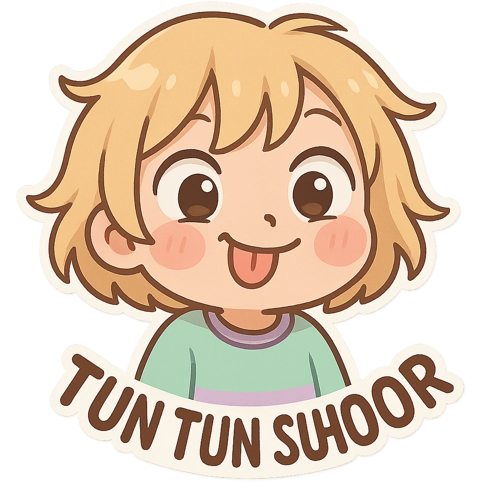 Tun Tun Suhoor chibi emoji, round face, playful look, blonde messy bob, big eyes, small mouth, pastel clothes, blush on cheeks, silly meme energy, no text emoji