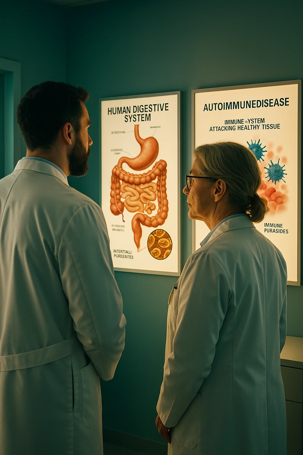 In italiano Realistic, detailed photo taken from behind of two doctors—a bearded man and a middle-aged woman—standing side by side in a modern medical office, intently studying a large, illuminated medical chart on the wall. The chart displays a detailed diagram of the human digestive system, highlighting the intestines and showing microscopic images of intestinal parasites. Next to it, another chart illustrates the immune system attacking healthy tissues, visually connecting gut parasites to autoimmune disease mechanisms. The room is bathed in a single green-blue color, with a warm, yellow-orange light casting soft shadows around the doctors. Both wear white coats and have serious, focused expressions, suggesting a deep discussion about the root causes of autoimmune conditions. Shot with a Canon EOS R5, with high detail, natural depth of field, and a clinical yet dramatic atmosphere. emoji