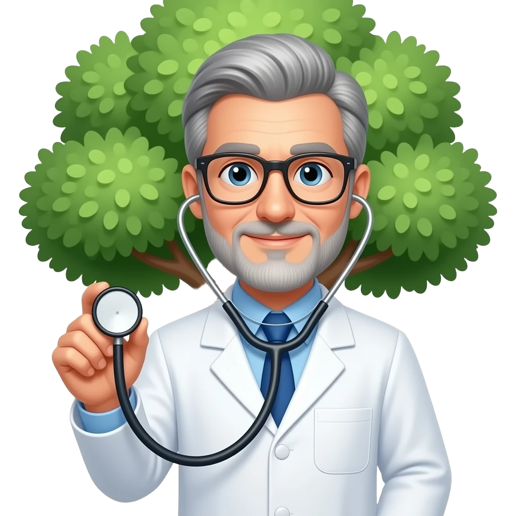 male doctor grey hair glasses holding stethoscope in left hand against a tree emoji