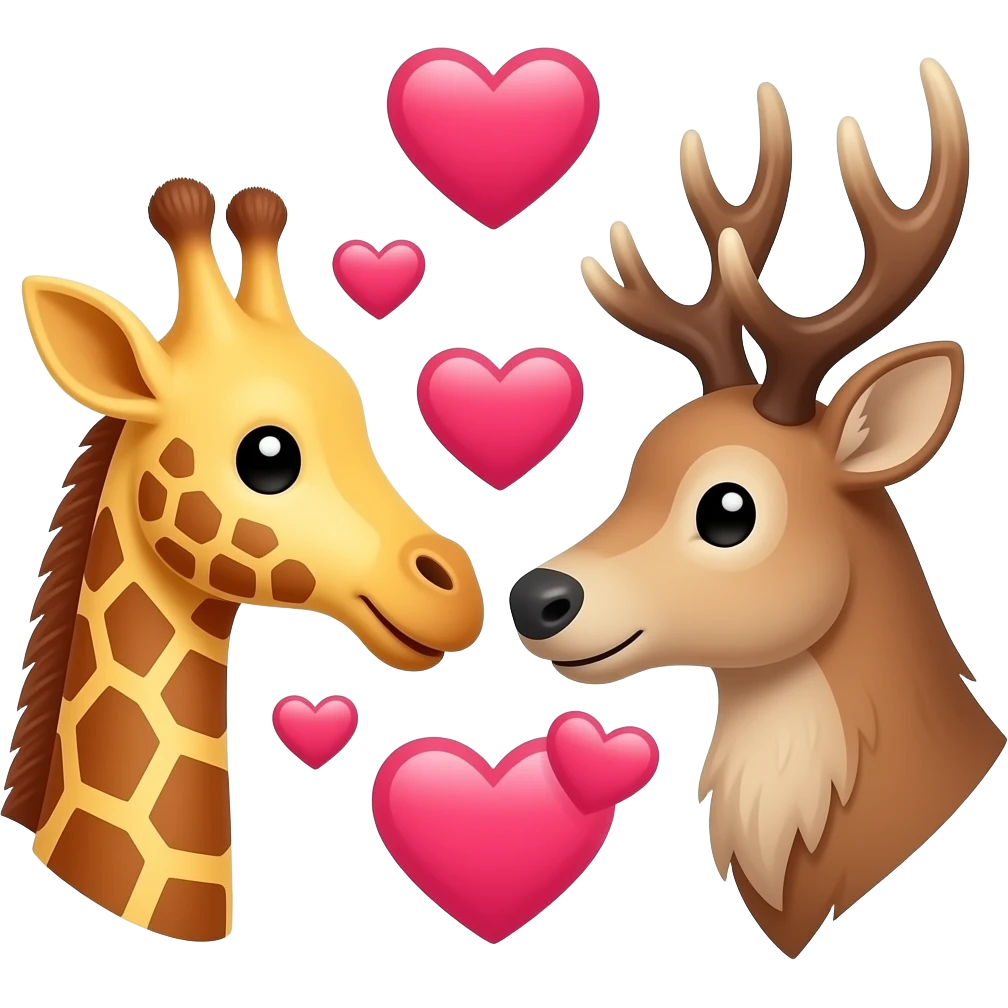 Einfacher Giraffenkopf und Elchkopf schauen sich an mit vielen Herzchen emoji