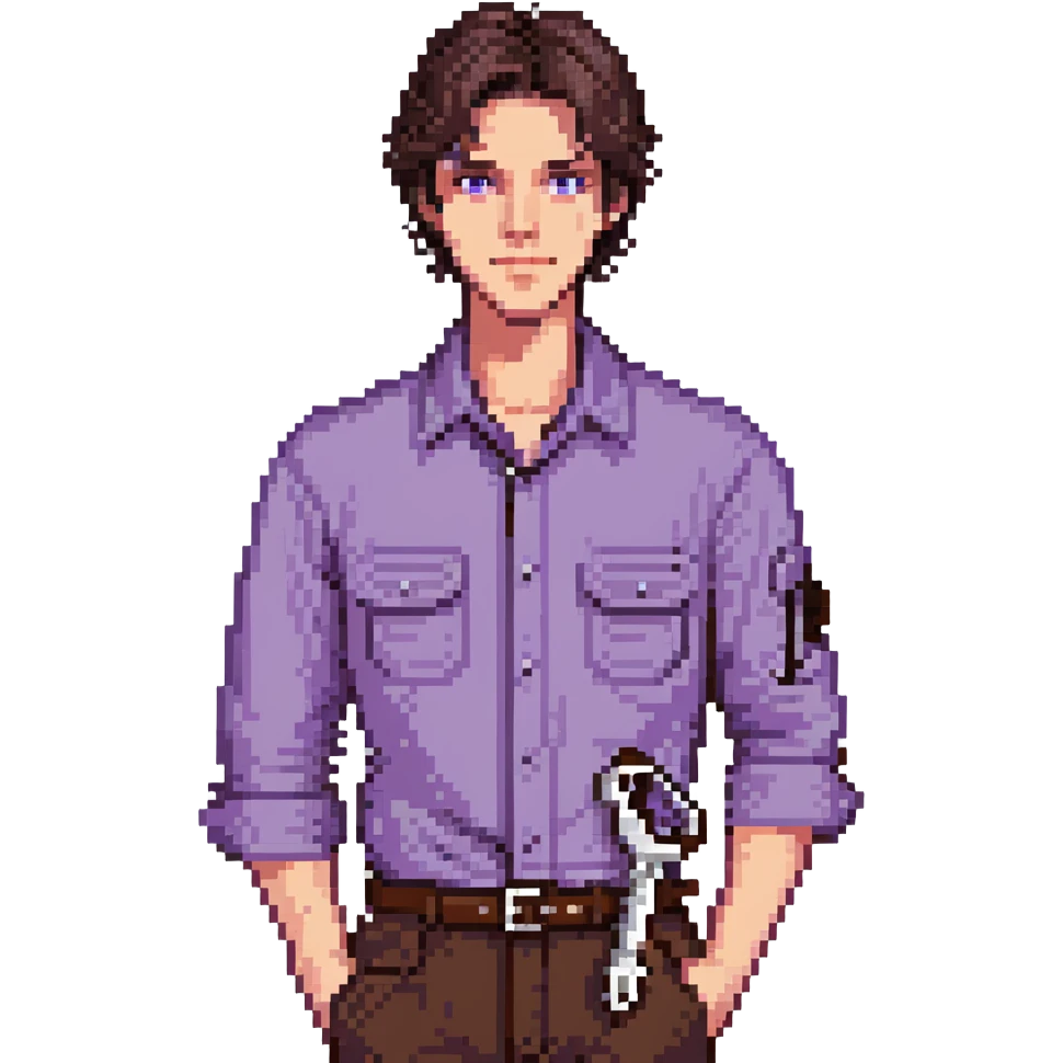 Focused male tinkerer, Caucasian features, short dark brown hair, sharp gray eyes, neutral expression, wearing violet work shirt with rolled-up sleeves, holding a small wrench in one hand, waist-up, front-facing emoji