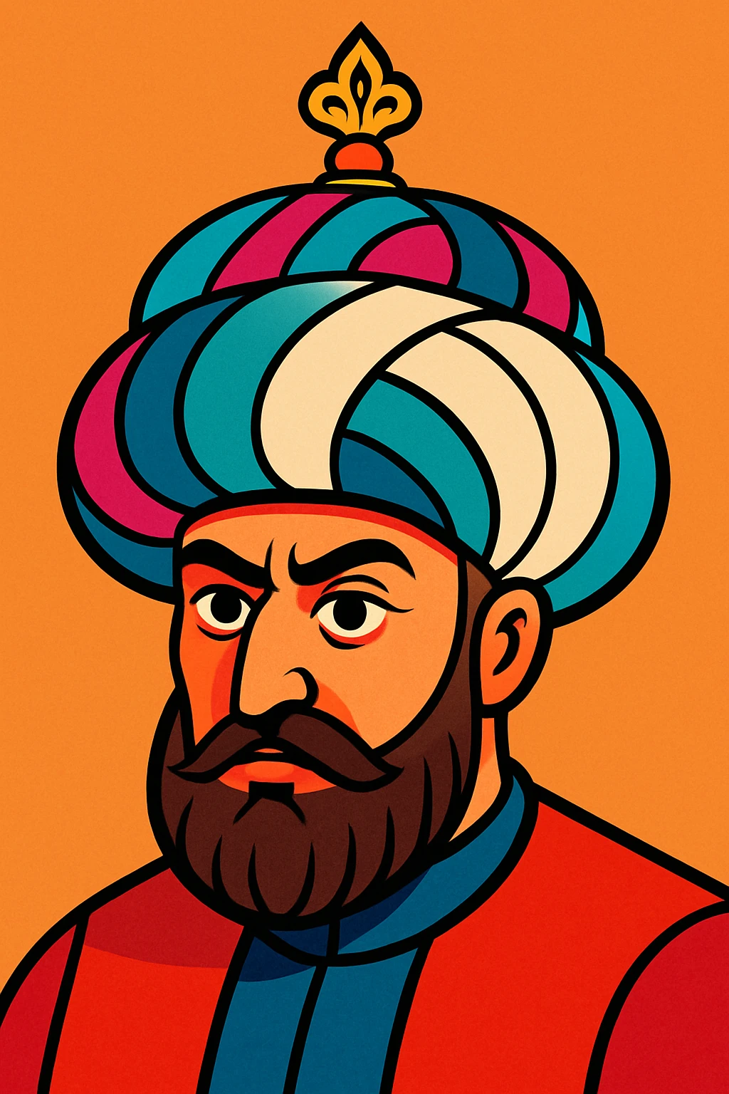 Sultan Murad IV head, stylized, ornate Ottoman turban, expressive face, modern illustration style emoji