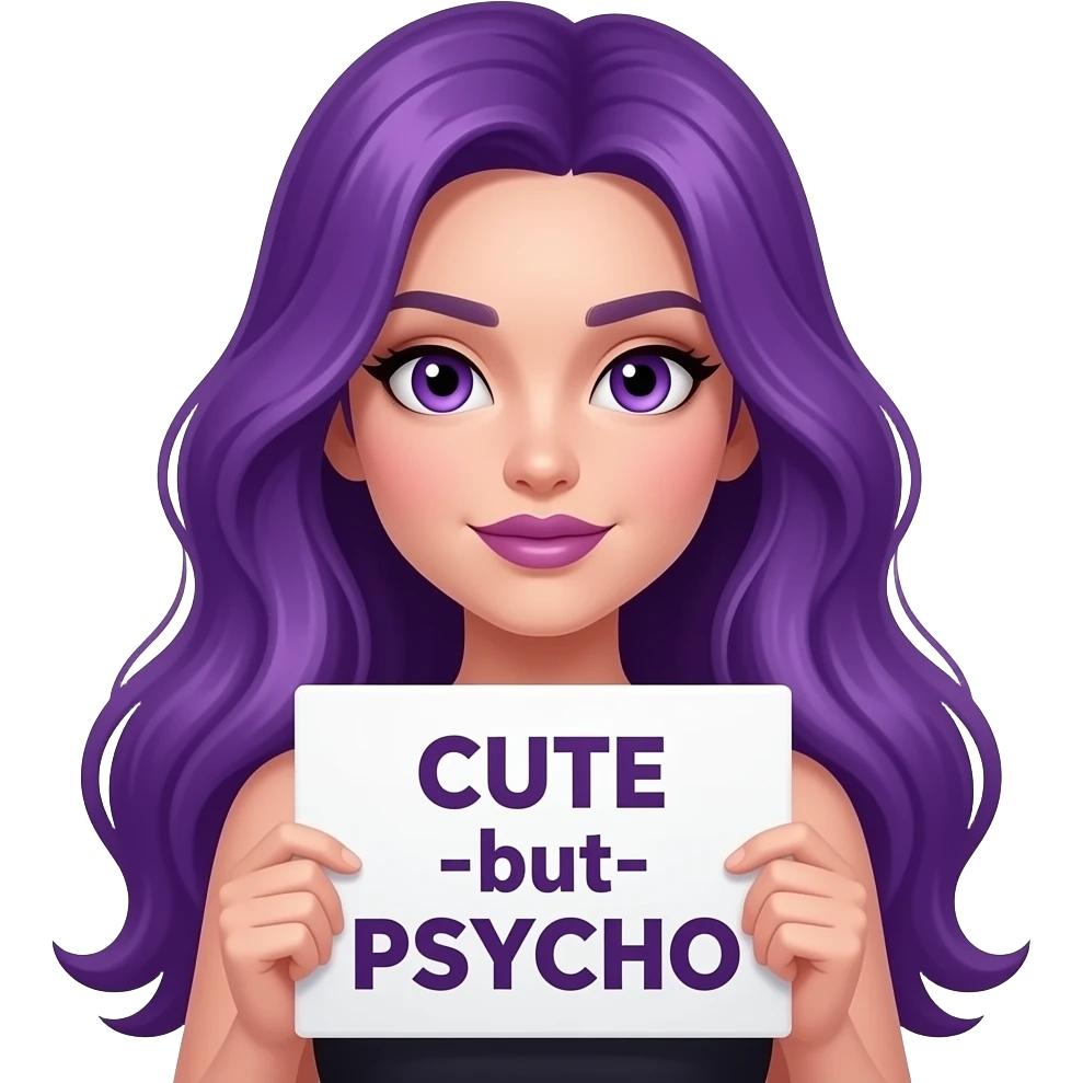 sexy girl with long purple hair and purple eyes holding a CUTE -but- PSYCHO sign emoji