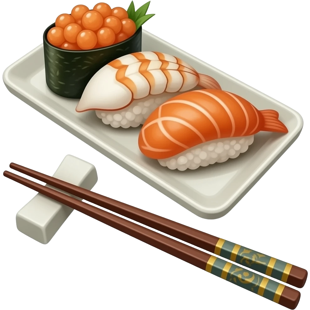 un plateau de sushi avec des baguettes chinoises. La vue est en 3/4 Ajoute subtilité pour renforcer l'impression de luxe de la scène. L'ensemble est isolée sur un fond blanc. emoji