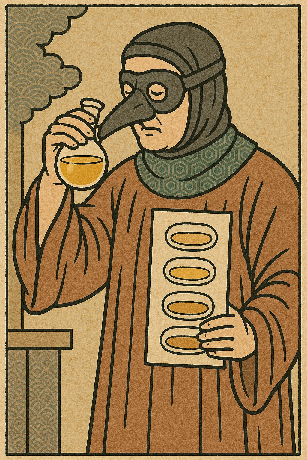 A medieval doctor carrying out a urine sample with a urine sample chart and smelling the urine emoji