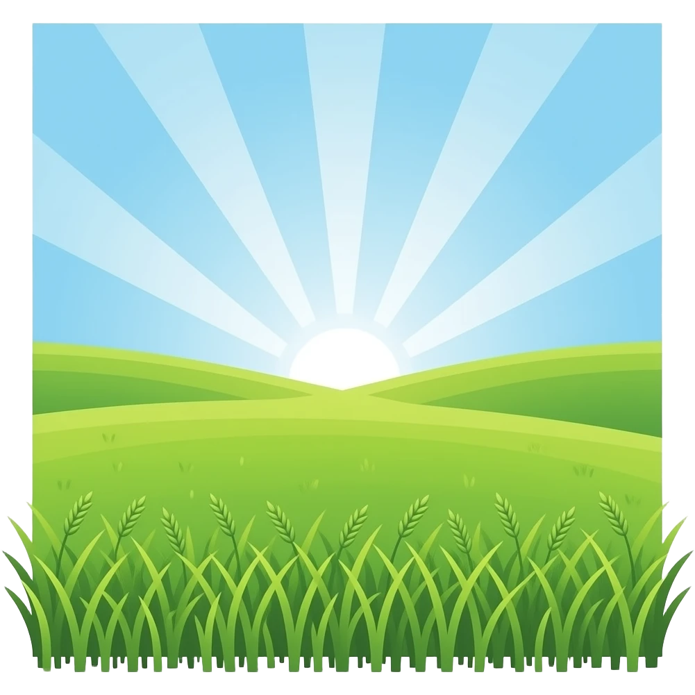 нарисуй поле с зеленой травой и солнечными лучами в небе без рамки emoji
