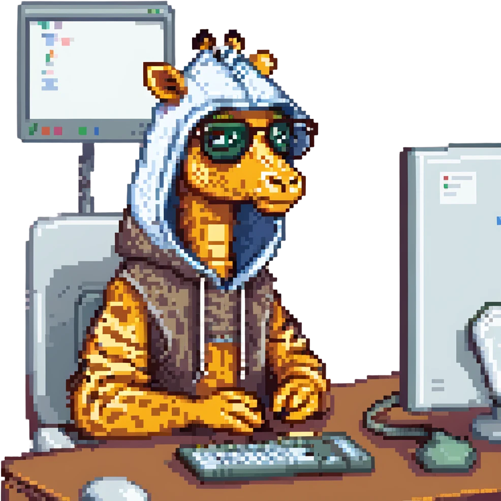 pixel art of a giraffe with a beard, glasses, and a hood, sitting at a computer, retro video game style emoji