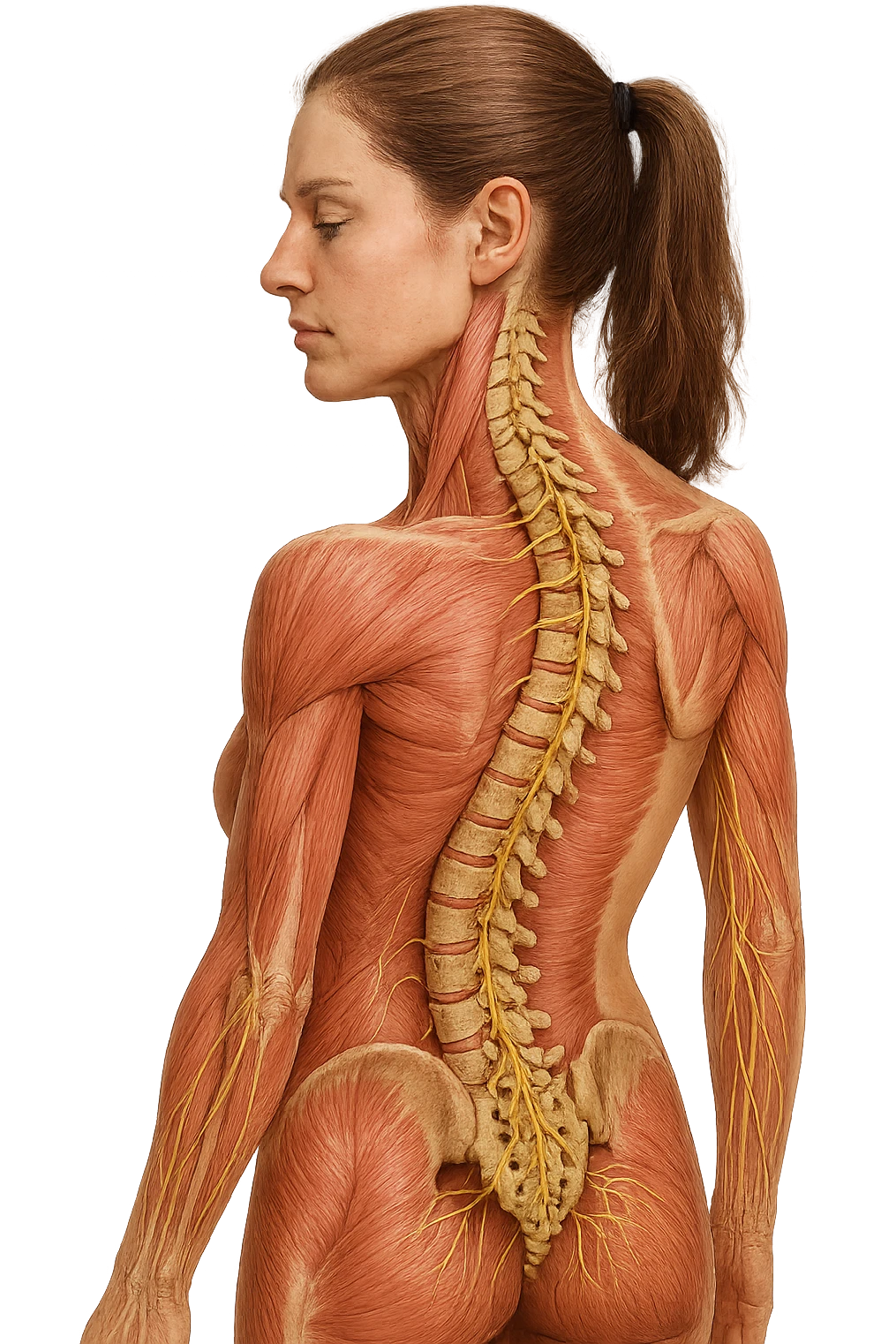 fai un immagine identica che riguarda un esercizio ma mettigli spina dorsale e muscoli in evidenza (anatomica) con colori naturali di un corpo umano (non blu), il nervo giallo si deve vedere molto bene. falla iperrealistica anatomica in 4k con spina dorsale storta in evidenza emoji