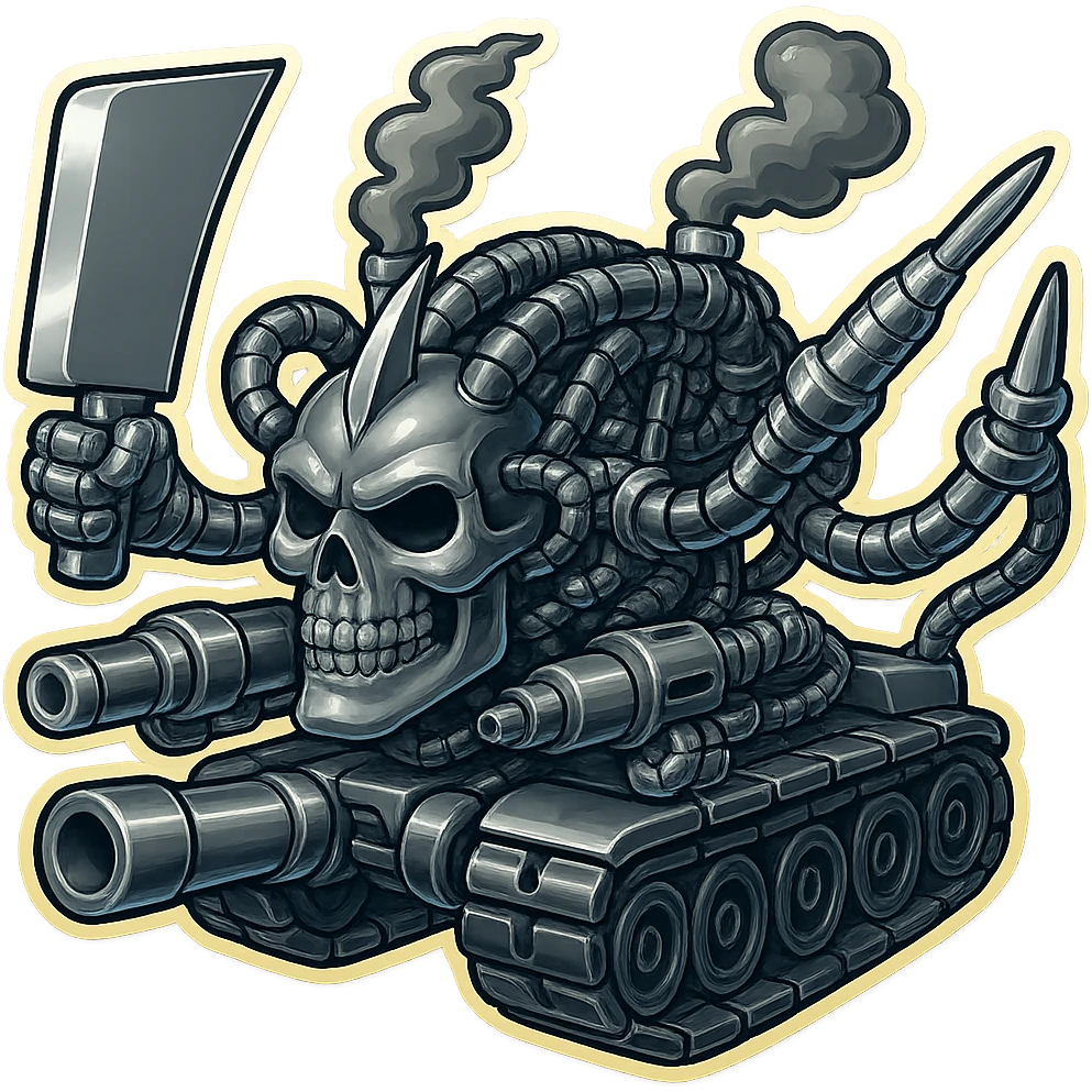 Edit the skull robot tank to have 4 distinct arms, each hand holding a different weapon: a large industrial blade, a blaster, a menacing syringe, and a claw. The exterior metal should be extra shiny silver grey, with inside cables and tech almost black. Add dark shaded smoke coming from the top. The skull face should be even smaller, dropped way down and put forward in front of the tank body. The whole subject should be compact and not tall, with a clean outline and transparent background in retro stickers style. emoji