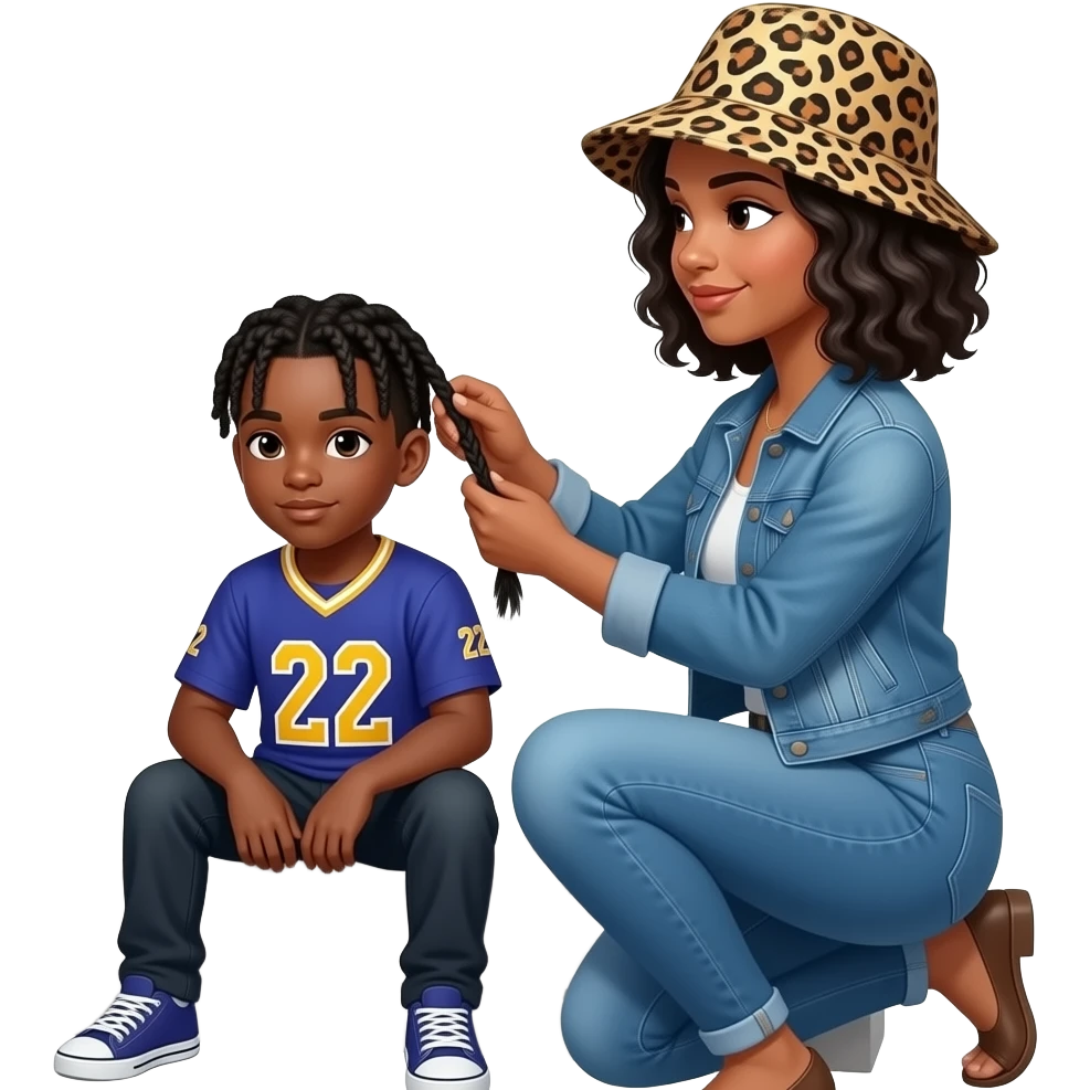 African American teenage boy with braids  sitting on house porch steps wearing a jersey shirt with the number 22 on it, getting his hair braided by a African American woman with shoulder length curly black hair wearing a leopard print bucket hat wearing denim jeans and a denim jacket emoji