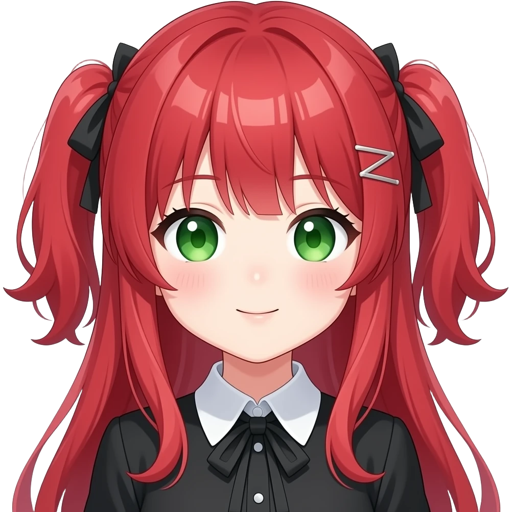 anime girl kissy face red hair green eyes black blouse with white collar emoji